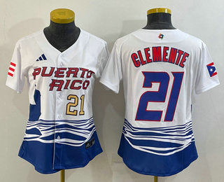 Womens Puerto Rico Baseball #21 Roberto Clemente Number 2023 White World Classic Stitched Jersey